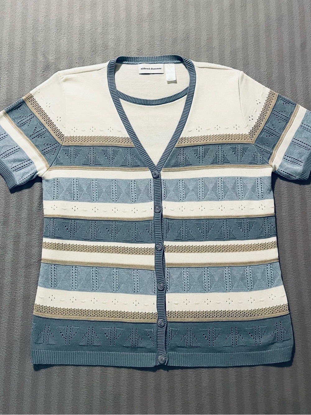 Alfred Dunner Blue, Cream and Tan Striped Short-Sleeve Cardigan